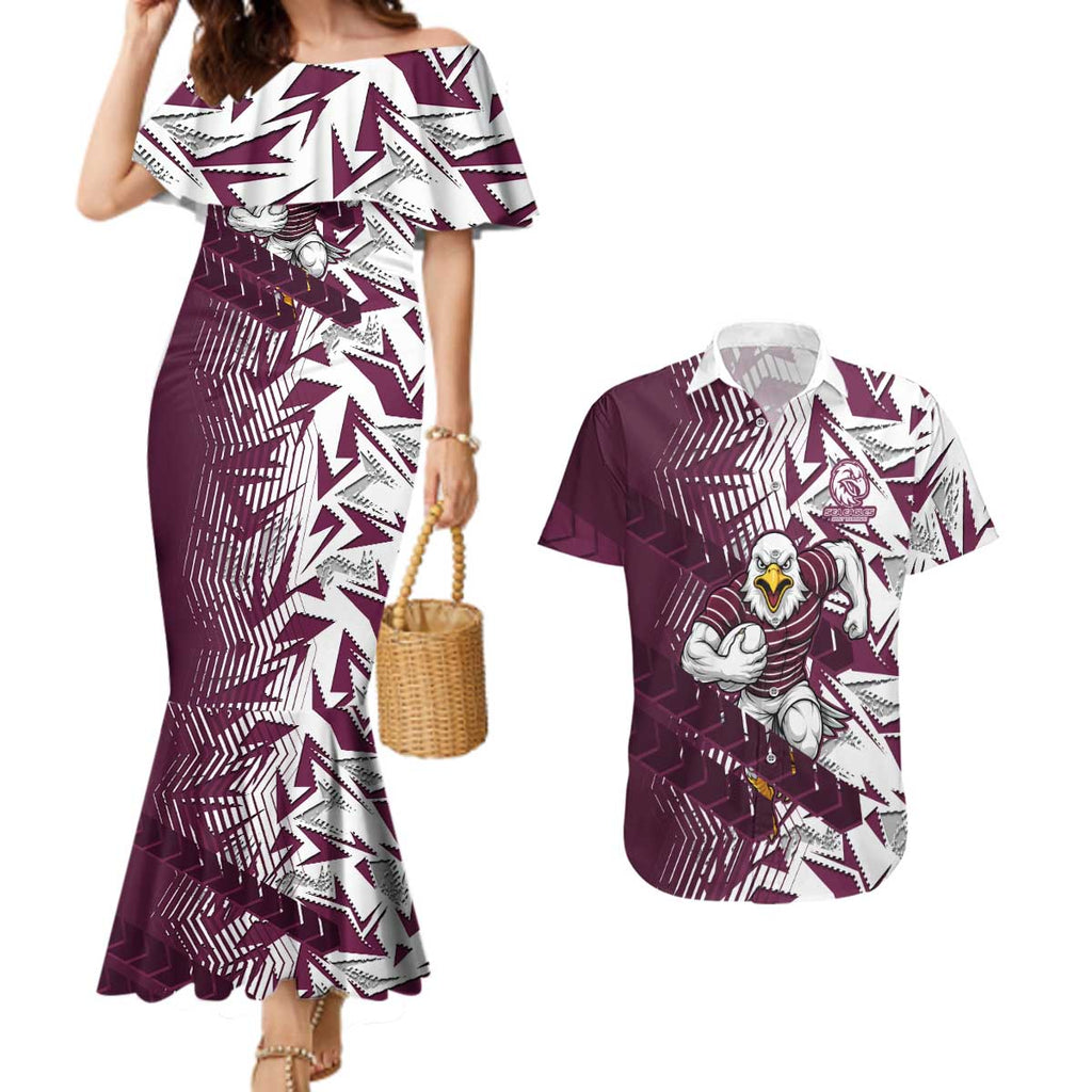 Manly Warringah Sea Eagles Rugby Couples Matching Mermaid Dress and Hawaiian Shirt Fierce Mascot Geometric Tribal Art