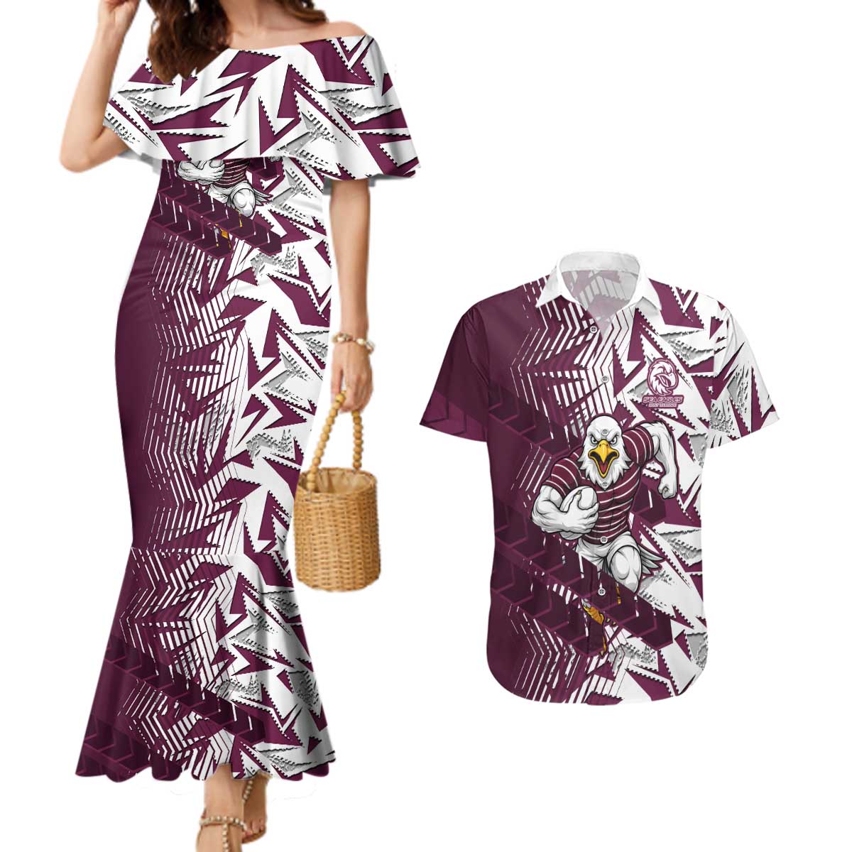 Manly Warringah Sea Eagles Rugby Couples Matching Mermaid Dress and Hawaiian Shirt Fierce Mascot Geometric Tribal Art