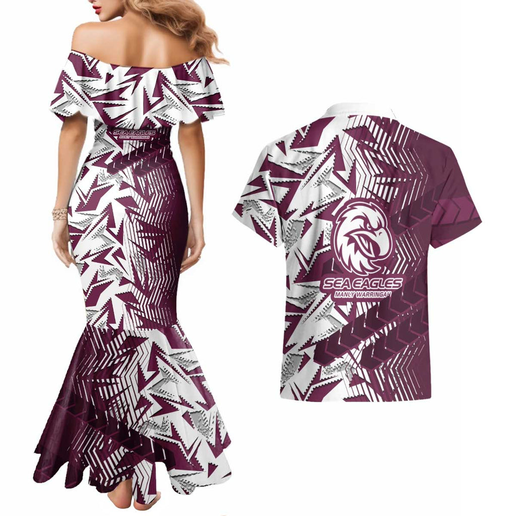 Manly Warringah Sea Eagles Rugby Couples Matching Mermaid Dress and Hawaiian Shirt Fierce Mascot Geometric Tribal Art