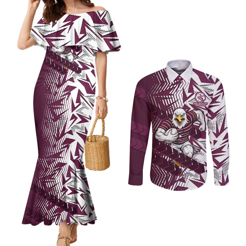 Manly Warringah Sea Eagles Rugby Couples Matching Mermaid Dress and Long Sleeve Button Shirt Fierce Mascot Geometric Tribal Art