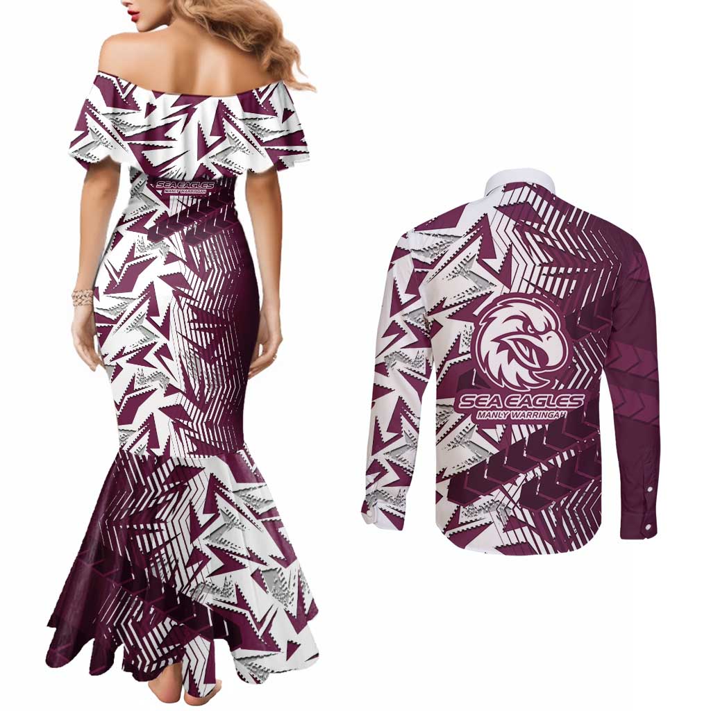 Manly Warringah Sea Eagles Rugby Couples Matching Mermaid Dress and Long Sleeve Button Shirt Fierce Mascot Geometric Tribal Art