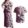 Manly Warringah Sea Eagles Rugby Couples Matching Off Shoulder Maxi Dress and Hawaiian Shirt Fierce Mascot Geometric Tribal Art