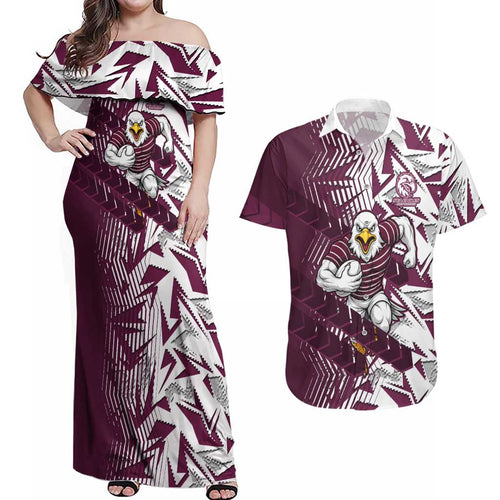 Manly Warringah Sea Eagles Rugby Couples Matching Off Shoulder Maxi Dress and Hawaiian Shirt Fierce Mascot Geometric Tribal Art