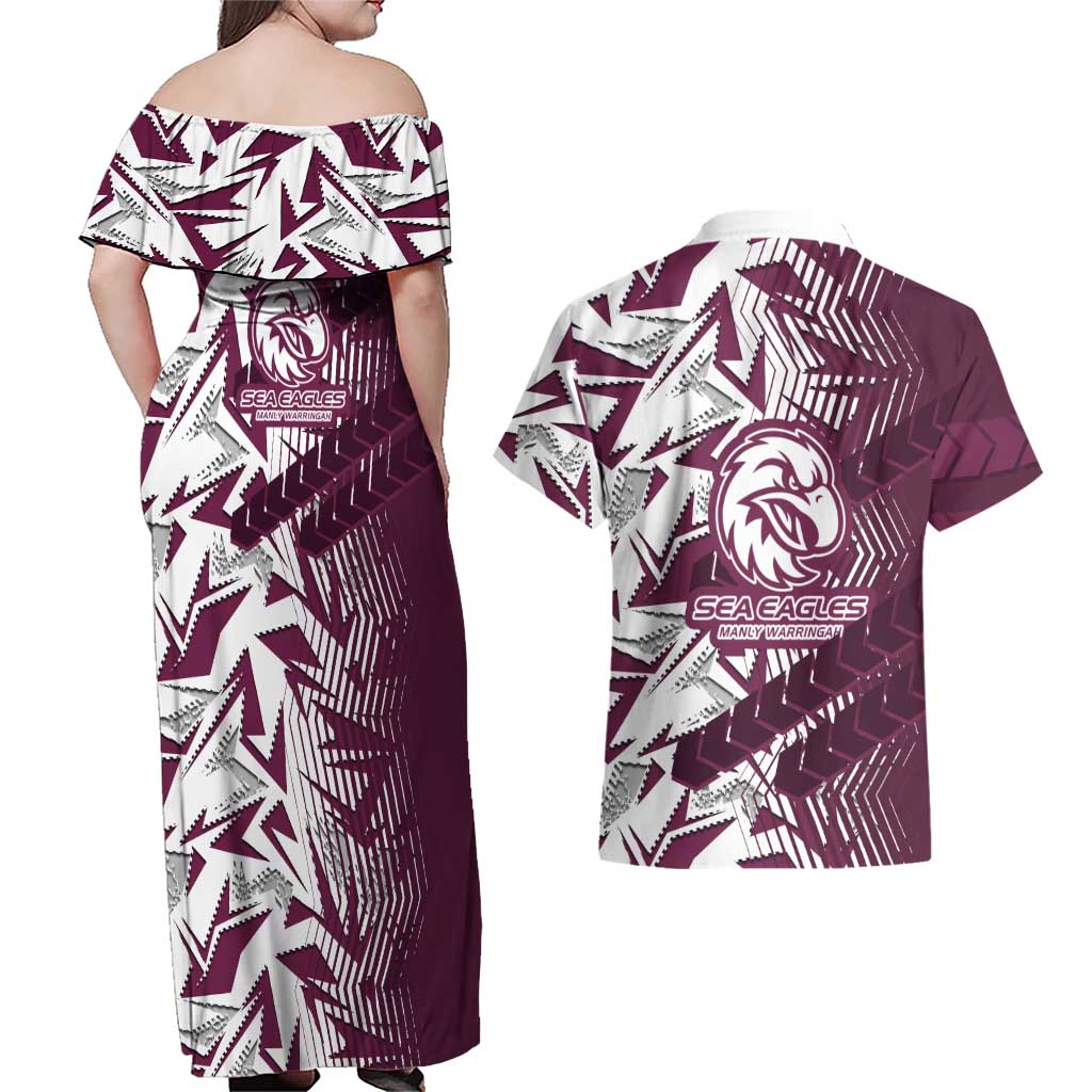 Manly Warringah Sea Eagles Rugby Couples Matching Off Shoulder Maxi Dress and Hawaiian Shirt Fierce Mascot Geometric Tribal Art