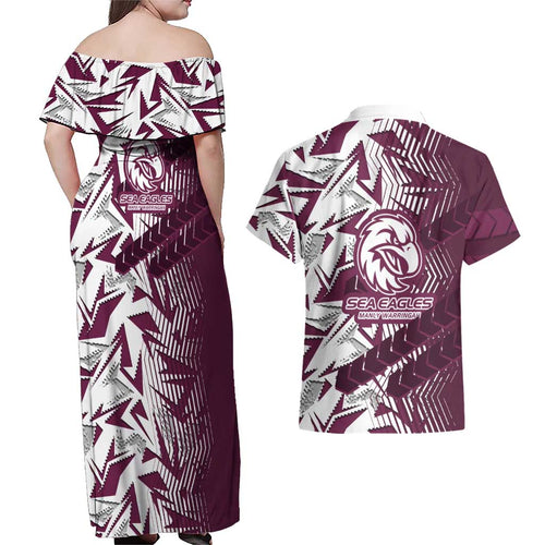 Manly Warringah Sea Eagles Rugby Couples Matching Off Shoulder Maxi Dress and Hawaiian Shirt Fierce Mascot Geometric Tribal Art