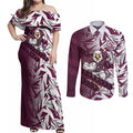Manly Warringah Sea Eagles Rugby Couples Matching Off Shoulder Maxi Dress and Long Sleeve Button Shirt Fierce Mascot Geometric Tribal Art
