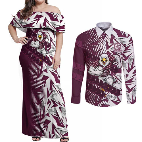 Manly Warringah Sea Eagles Rugby Couples Matching Off Shoulder Maxi Dress and Long Sleeve Button Shirt Fierce Mascot Geometric Tribal Art