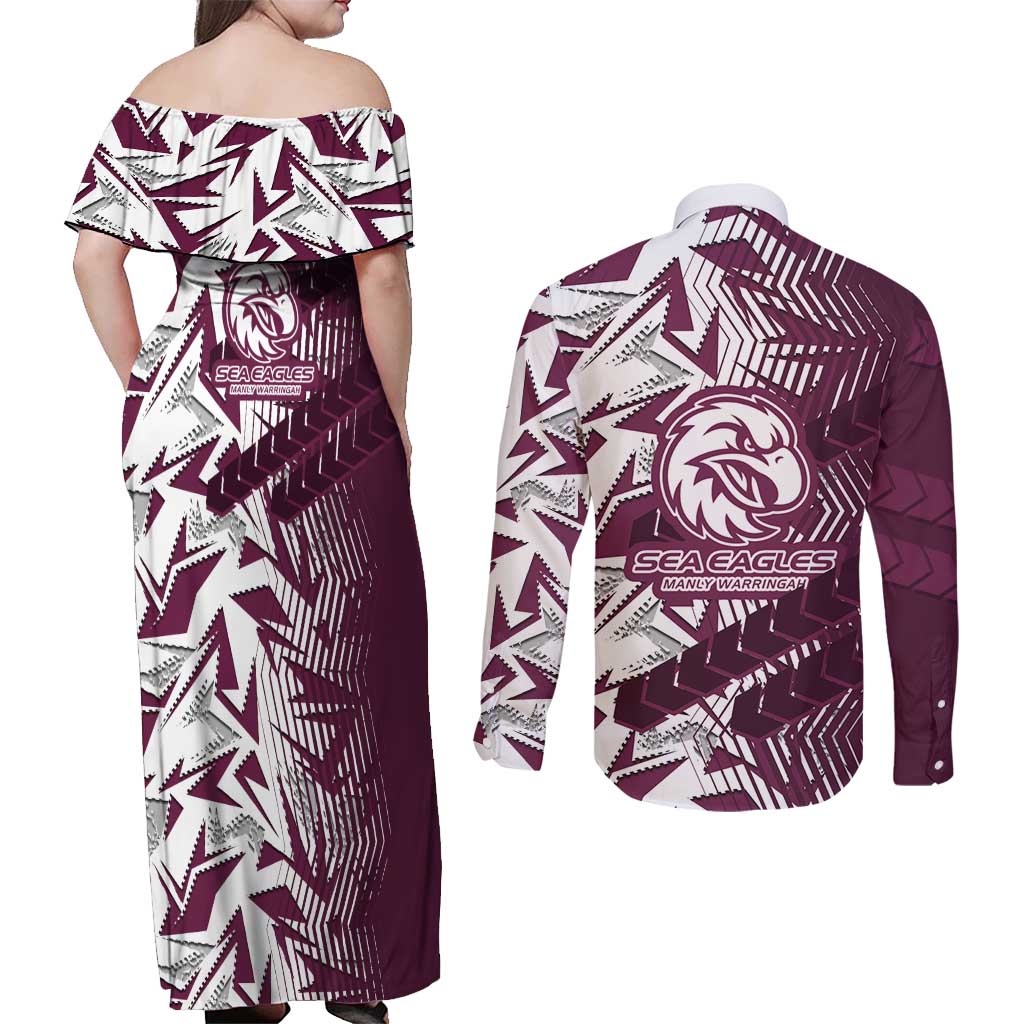 Manly Warringah Sea Eagles Rugby Couples Matching Off Shoulder Maxi Dress and Long Sleeve Button Shirt Fierce Mascot Geometric Tribal Art