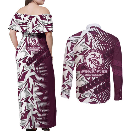 Manly Warringah Sea Eagles Rugby Couples Matching Off Shoulder Maxi Dress and Long Sleeve Button Shirt Fierce Mascot Geometric Tribal Art