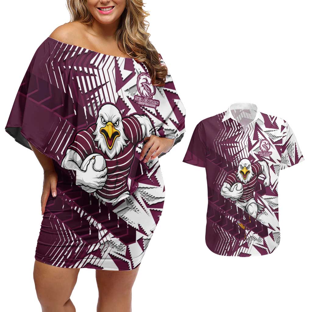 Manly Warringah Sea Eagles Rugby Couples Matching Off Shoulder Short Dress and Hawaiian Shirt Fierce Mascot Geometric Tribal Art