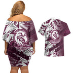 Manly Warringah Sea Eagles Rugby Couples Matching Off Shoulder Short Dress and Hawaiian Shirt Fierce Mascot Geometric Tribal Art