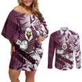 Manly Warringah Sea Eagles Rugby Couples Matching Off Shoulder Short Dress and Long Sleeve Button Shirt Fierce Mascot Geometric Tribal Art