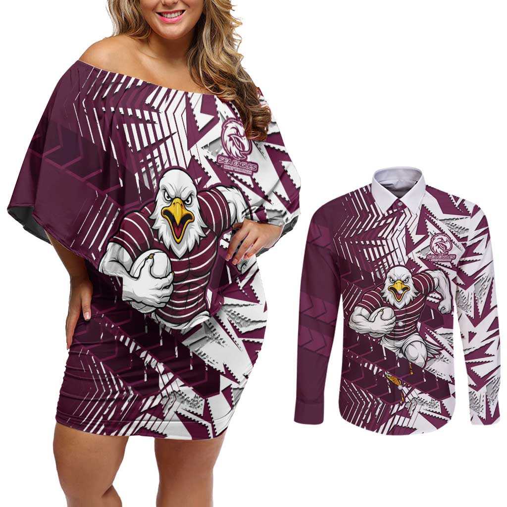 Manly Warringah Sea Eagles Rugby Couples Matching Off Shoulder Short Dress and Long Sleeve Button Shirt Fierce Mascot Geometric Tribal Art