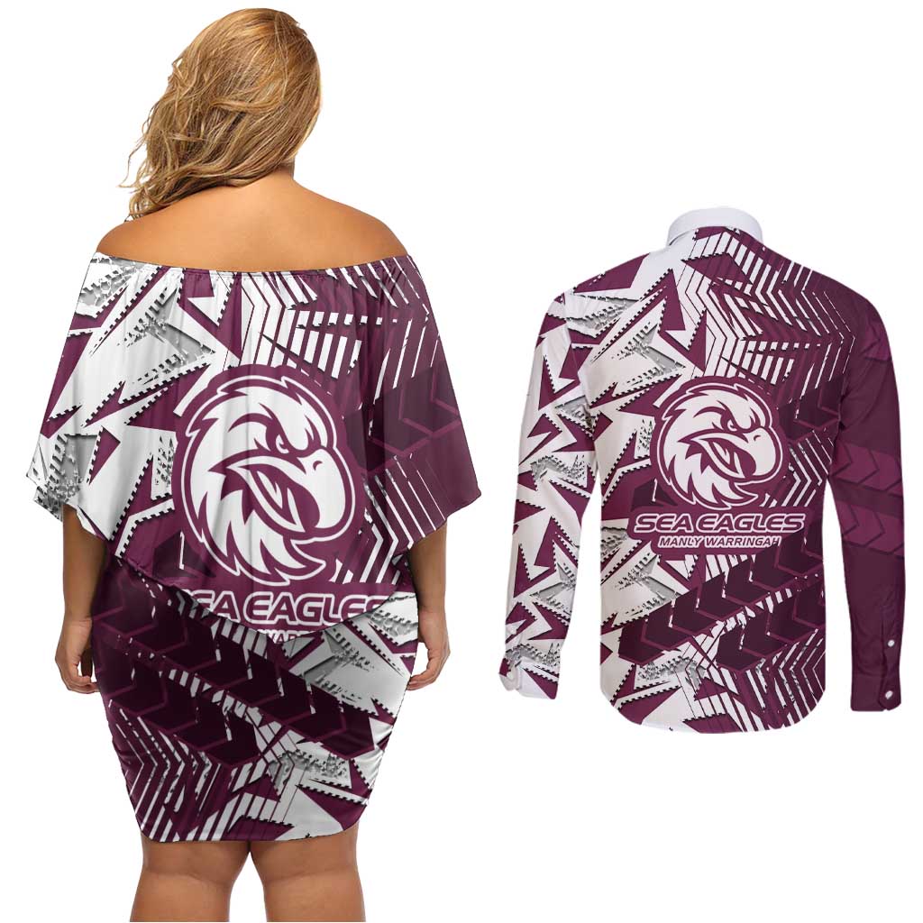 Manly Warringah Sea Eagles Rugby Couples Matching Off Shoulder Short Dress and Long Sleeve Button Shirt Fierce Mascot Geometric Tribal Art