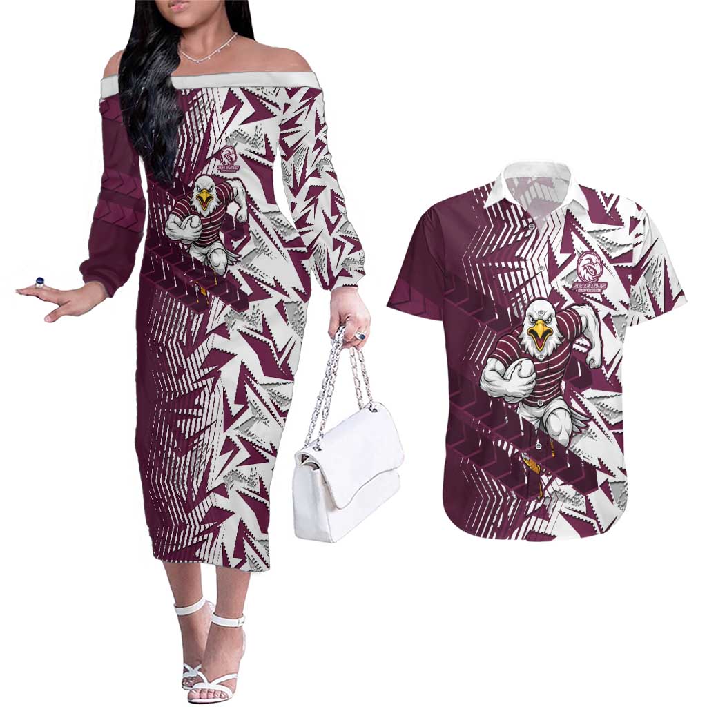 Manly Warringah Sea Eagles Rugby Couples Matching Off The Shoulder Long Sleeve Dress and Hawaiian Shirt Fierce Mascot Geometric Tribal Art