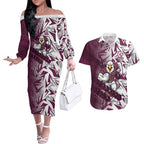 Manly Warringah Sea Eagles Rugby Couples Matching Off The Shoulder Long Sleeve Dress and Hawaiian Shirt Fierce Mascot Geometric Tribal Art