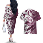 Manly Warringah Sea Eagles Rugby Couples Matching Off The Shoulder Long Sleeve Dress and Hawaiian Shirt Fierce Mascot Geometric Tribal Art