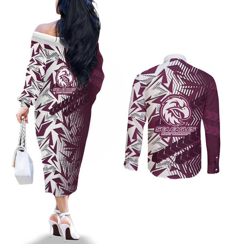 Manly Warringah Sea Eagles Rugby Couples Matching Off The Shoulder Long Sleeve Dress and Long Sleeve Button Shirt Fierce Mascot Geometric Tribal Art