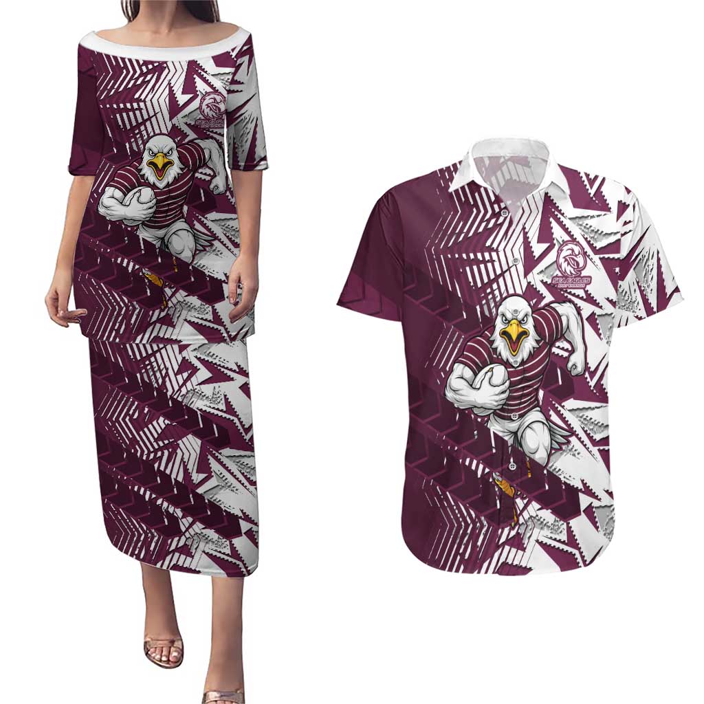 Manly Warringah Sea Eagles Rugby Couples Matching Puletasi and Hawaiian Shirt Fierce Mascot Geometric Tribal Art