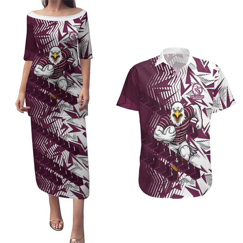 Manly Warringah Sea Eagles Rugby Couples Matching Puletasi and Hawaiian Shirt Fierce Mascot Geometric Tribal Art