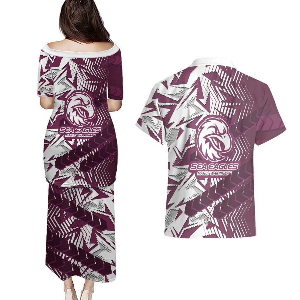 Manly Warringah Sea Eagles Rugby Couples Matching Puletasi and Hawaiian Shirt Fierce Mascot Geometric Tribal Art