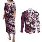 Manly Warringah Sea Eagles Rugby Couples Matching Puletasi and Long Sleeve Button Shirt Fierce Mascot Geometric Tribal Art