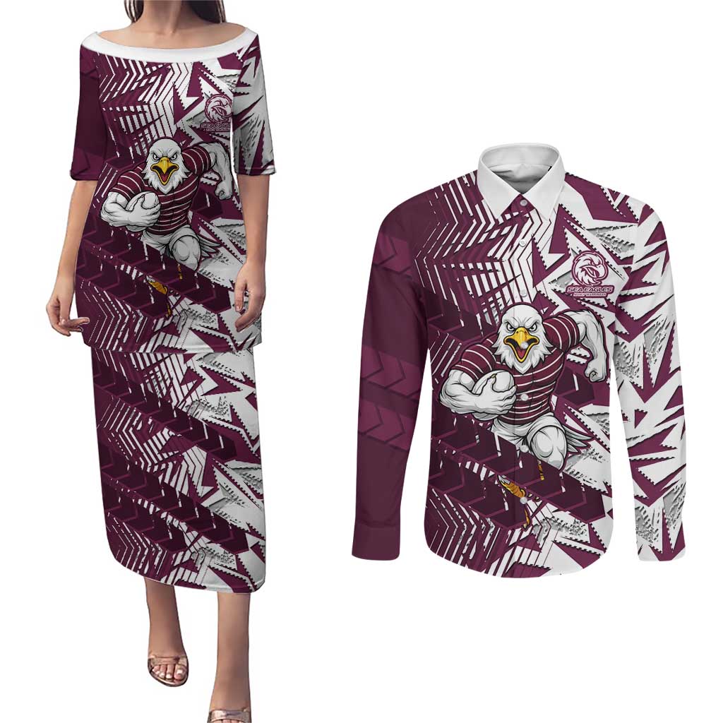 Manly Warringah Sea Eagles Rugby Couples Matching Puletasi and Long Sleeve Button Shirt Fierce Mascot Geometric Tribal Art