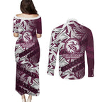 Manly Warringah Sea Eagles Rugby Couples Matching Puletasi and Long Sleeve Button Shirt Fierce Mascot Geometric Tribal Art