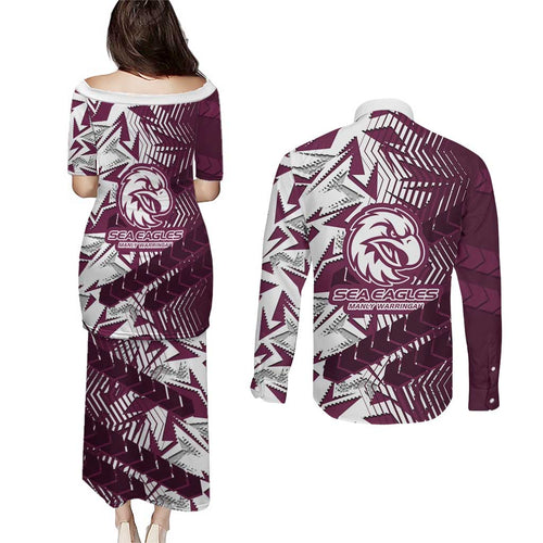 Manly Warringah Sea Eagles Rugby Couples Matching Puletasi and Long Sleeve Button Shirt Fierce Mascot Geometric Tribal Art