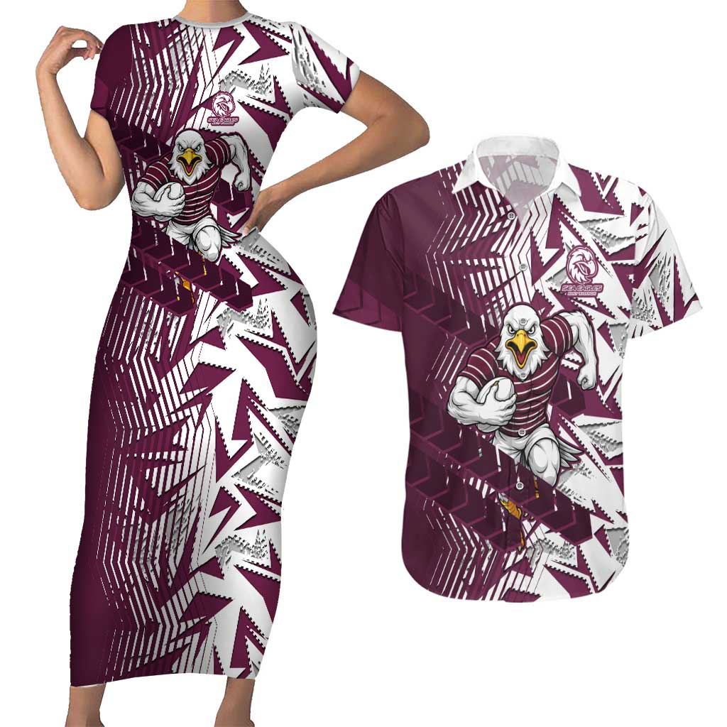 Manly Warringah Sea Eagles Rugby Couples Matching Short Sleeve Bodycon Dress and Hawaiian Shirt Fierce Mascot Geometric Tribal Art