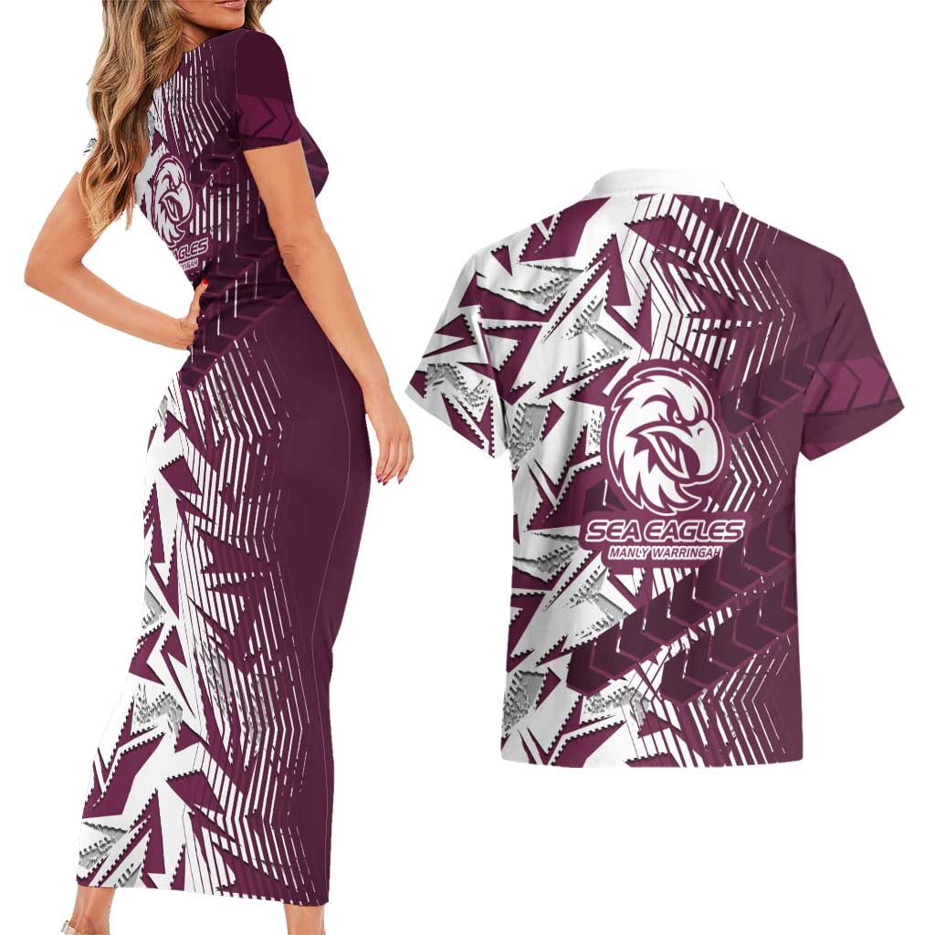 Manly Warringah Sea Eagles Rugby Couples Matching Short Sleeve Bodycon Dress and Hawaiian Shirt Fierce Mascot Geometric Tribal Art