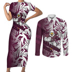 Manly Warringah Sea Eagles Rugby Couples Matching Short Sleeve Bodycon Dress and Long Sleeve Button Shirt Fierce Mascot Geometric Tribal Art