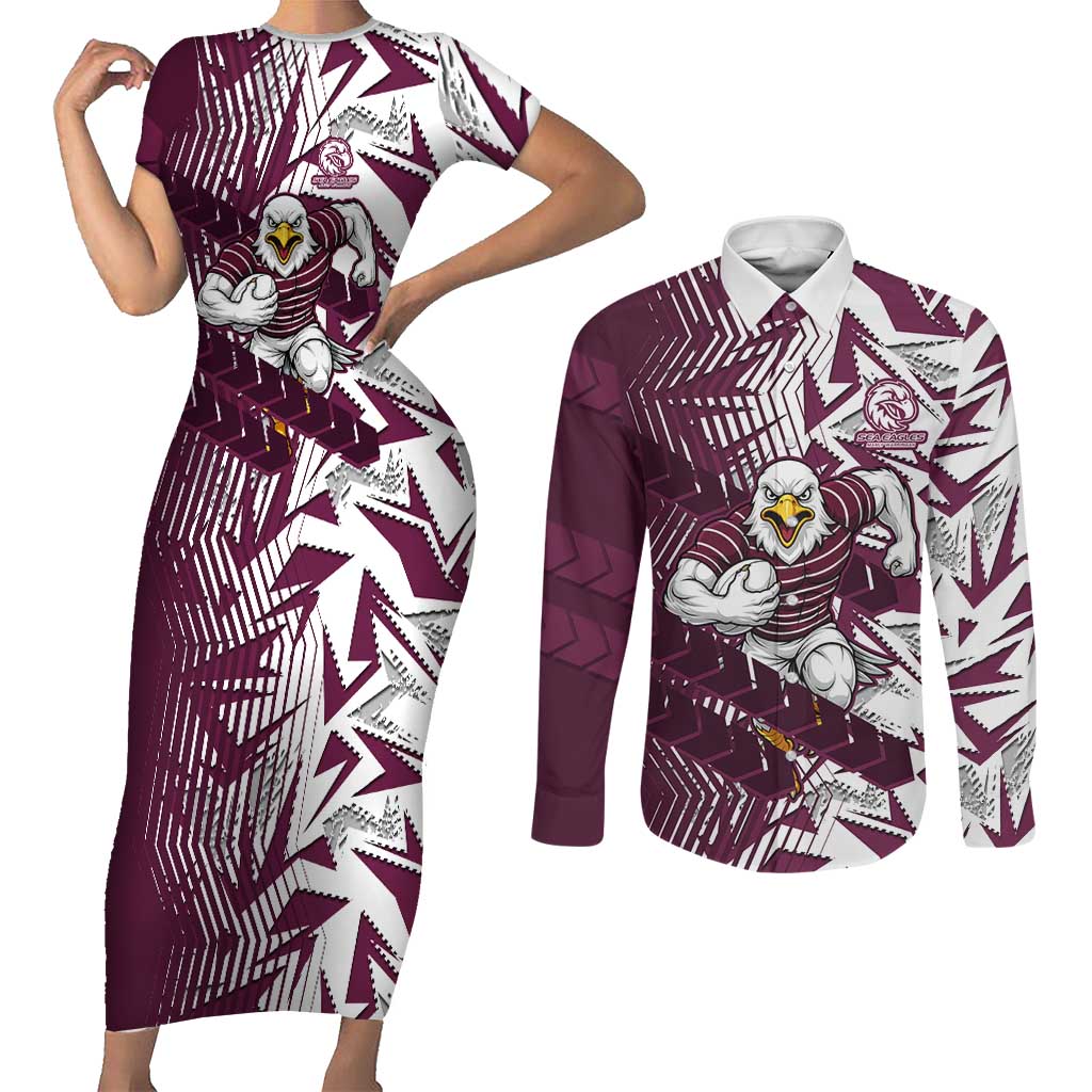 Manly Warringah Sea Eagles Rugby Couples Matching Short Sleeve Bodycon Dress and Long Sleeve Button Shirt Fierce Mascot Geometric Tribal Art