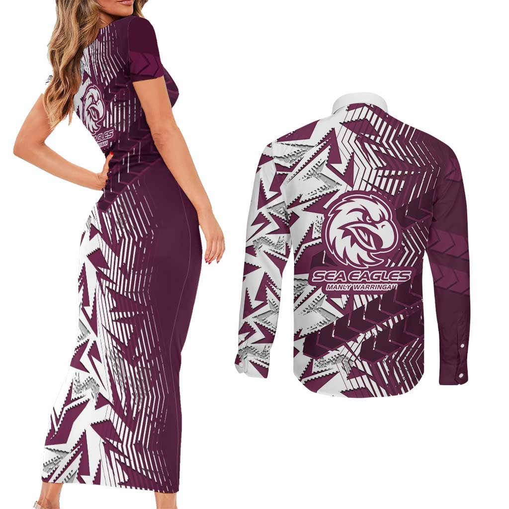 Manly Warringah Sea Eagles Rugby Couples Matching Short Sleeve Bodycon Dress and Long Sleeve Button Shirt Fierce Mascot Geometric Tribal Art