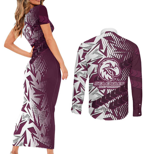 Manly Warringah Sea Eagles Rugby Couples Matching Short Sleeve Bodycon Dress and Long Sleeve Button Shirt Fierce Mascot Geometric Tribal Art