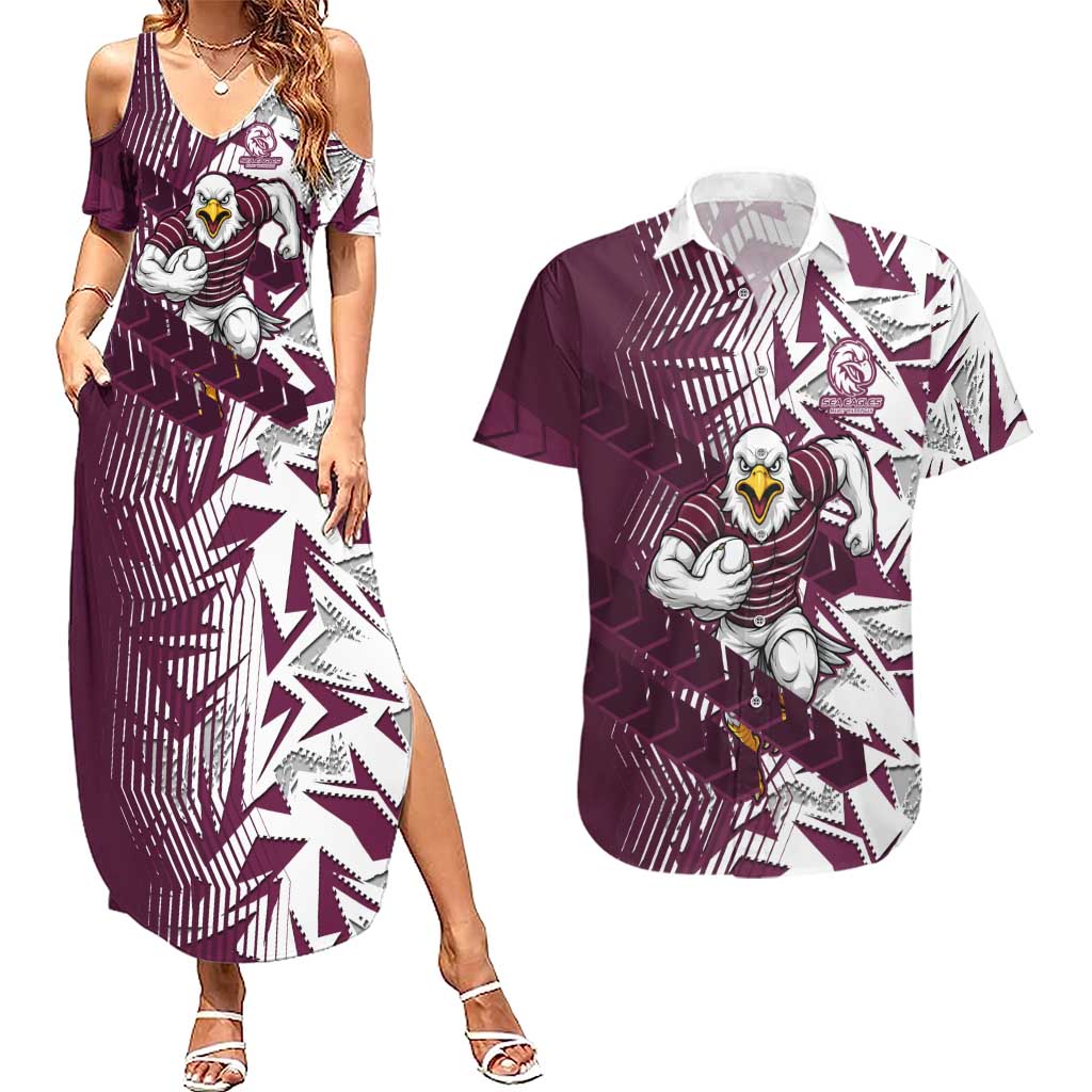 Manly Warringah Sea Eagles Rugby Couples Matching Summer Maxi Dress and Hawaiian Shirt Fierce Mascot Geometric Tribal Art