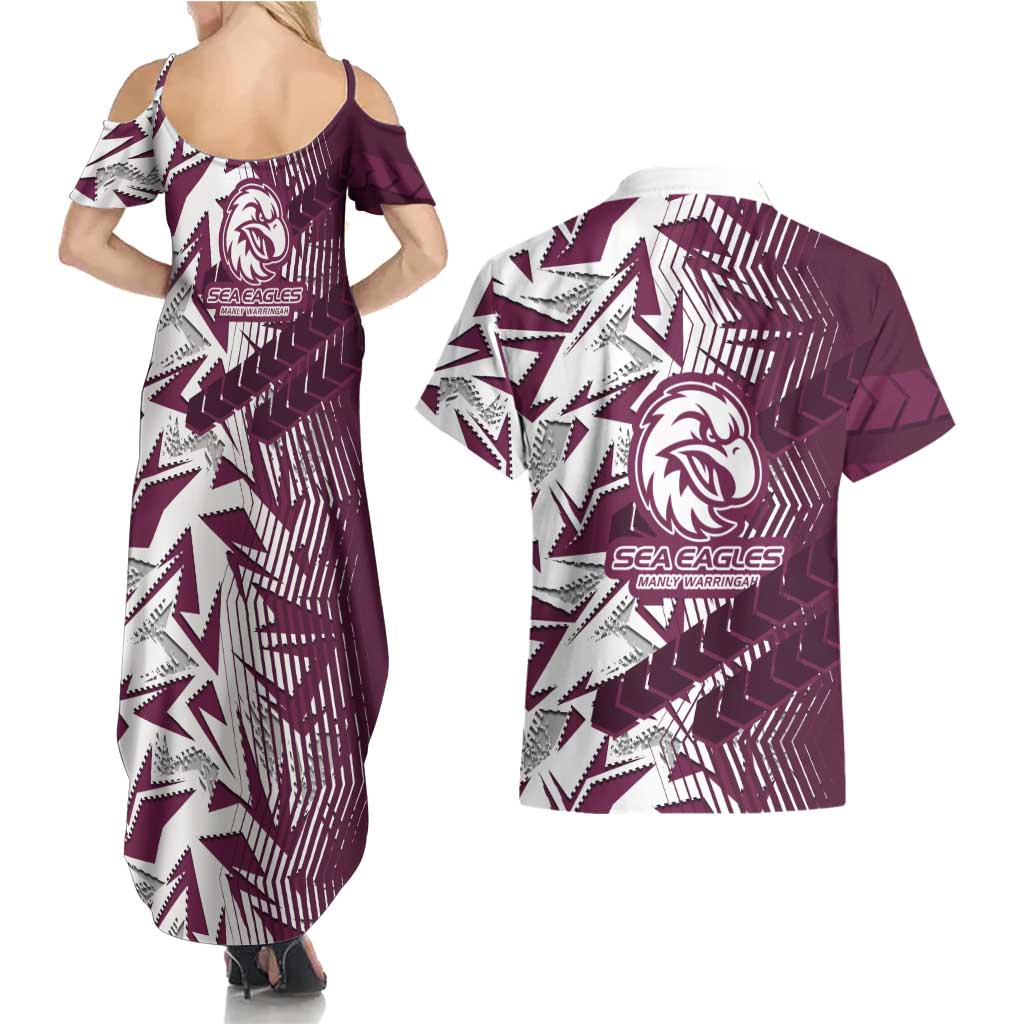 Manly Warringah Sea Eagles Rugby Couples Matching Summer Maxi Dress and Hawaiian Shirt Fierce Mascot Geometric Tribal Art