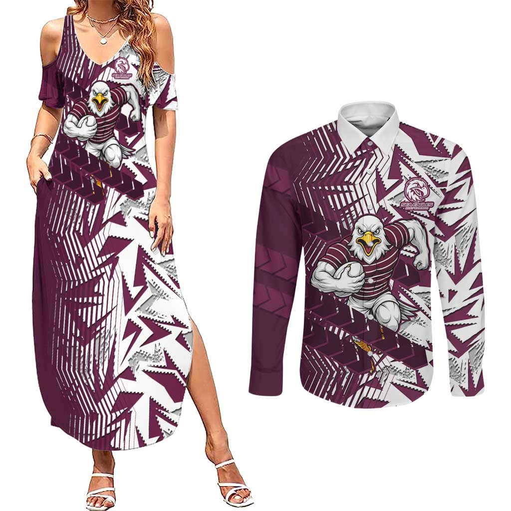Manly Warringah Sea Eagles Rugby Couples Matching Summer Maxi Dress and Long Sleeve Button Shirt Fierce Mascot Geometric Tribal Art