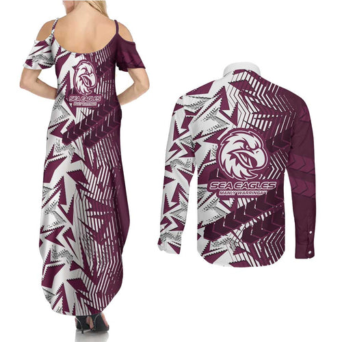 Manly Warringah Sea Eagles Rugby Couples Matching Summer Maxi Dress and Long Sleeve Button Shirt Fierce Mascot Geometric Tribal Art