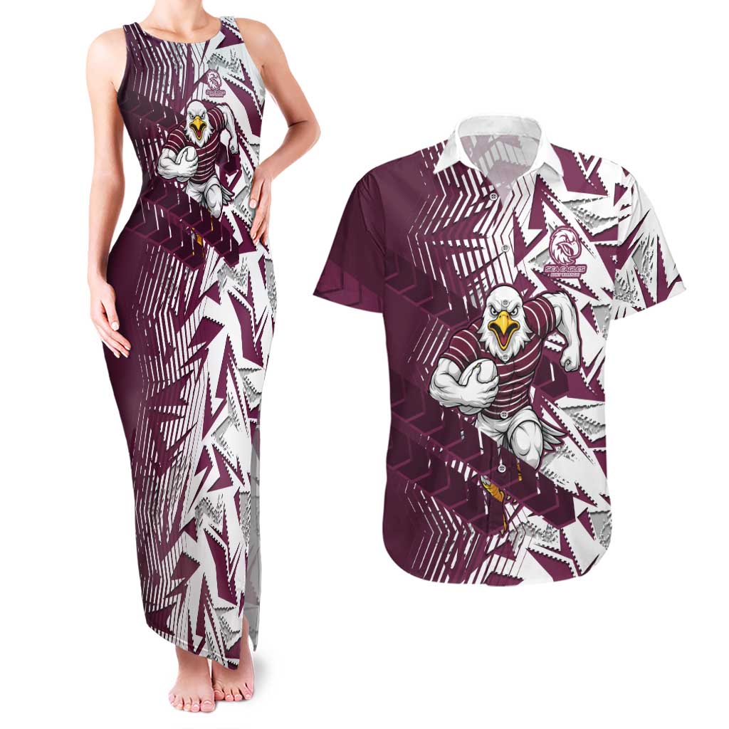 Manly Warringah Sea Eagles Rugby Couples Matching Tank Maxi Dress and Hawaiian Shirt Fierce Mascot Geometric Tribal Art