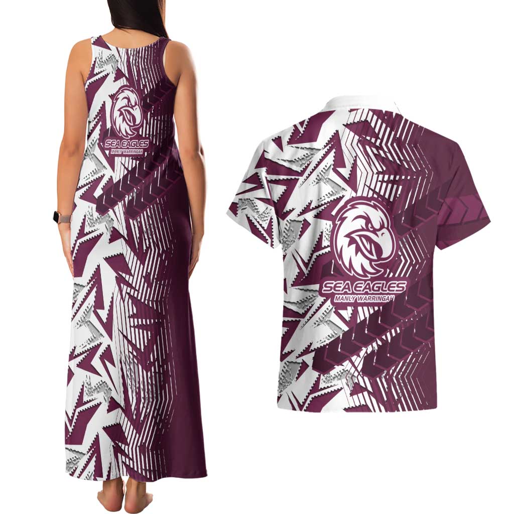 Manly Warringah Sea Eagles Rugby Couples Matching Tank Maxi Dress and Hawaiian Shirt Fierce Mascot Geometric Tribal Art