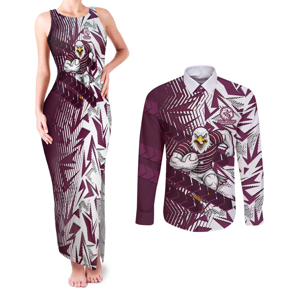 Manly Warringah Sea Eagles Rugby Couples Matching Tank Maxi Dress and Long Sleeve Button Shirt Fierce Mascot Geometric Tribal Art