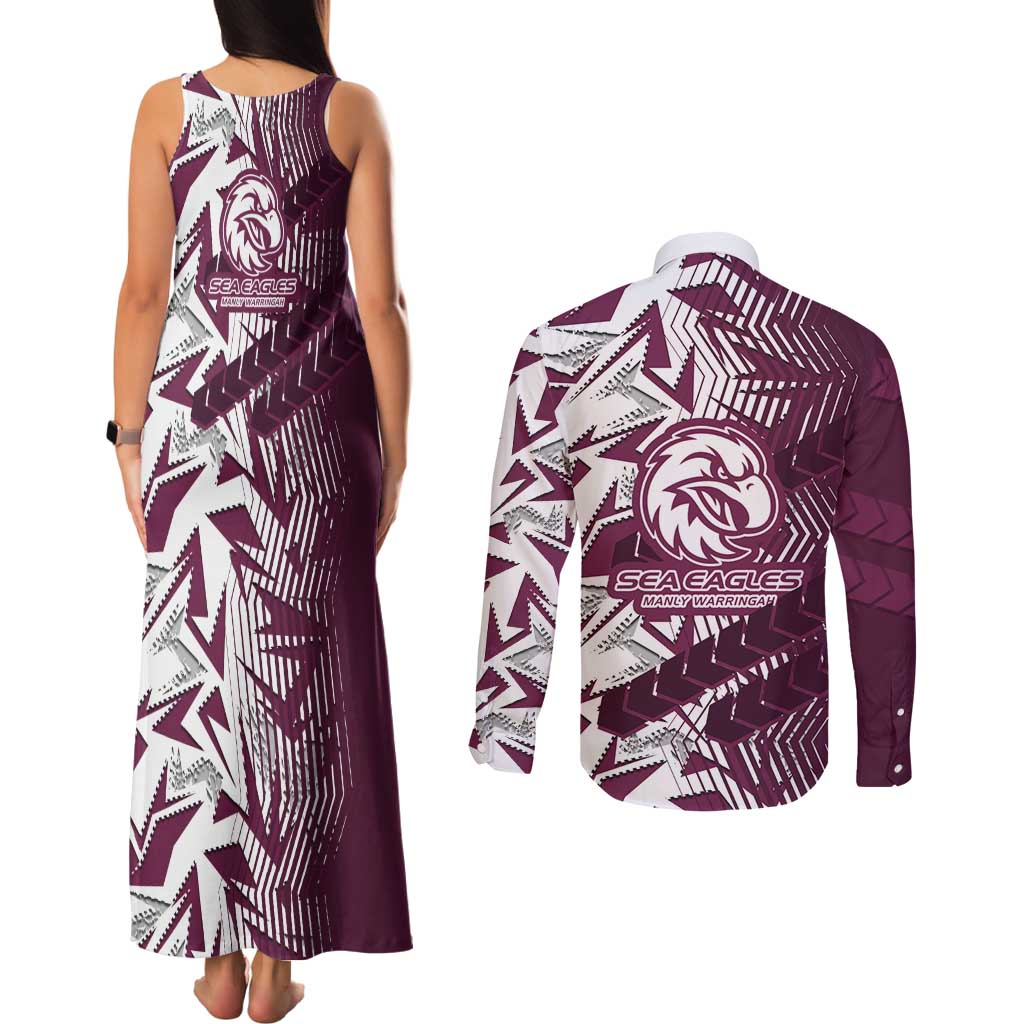 Manly Warringah Sea Eagles Rugby Couples Matching Tank Maxi Dress and Long Sleeve Button Shirt Fierce Mascot Geometric Tribal Art