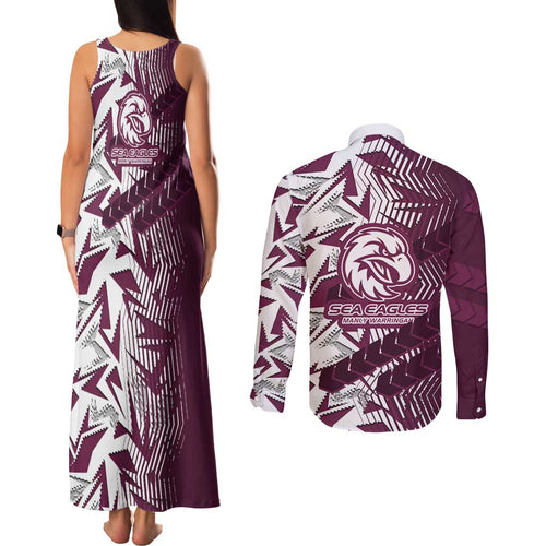 Manly Warringah Sea Eagles Rugby Couples Matching Tank Maxi Dress and Long Sleeve Button Shirt Fierce Mascot Geometric Tribal Art