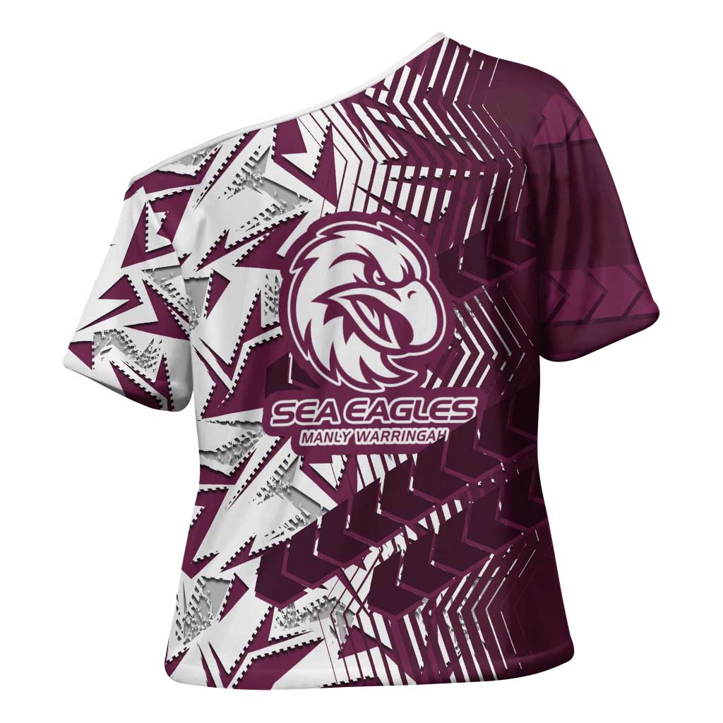 Manly Warringah Sea Eagles Rugby Cross Shoulder Shirt Fierce Mascot Geometric Tribal Art