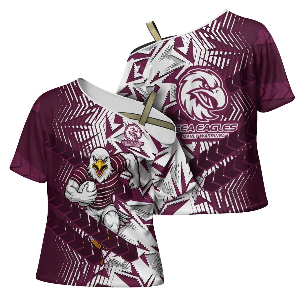 Manly Warringah Sea Eagles Rugby Cross Shoulder Shirt Fierce Mascot Geometric Tribal Art