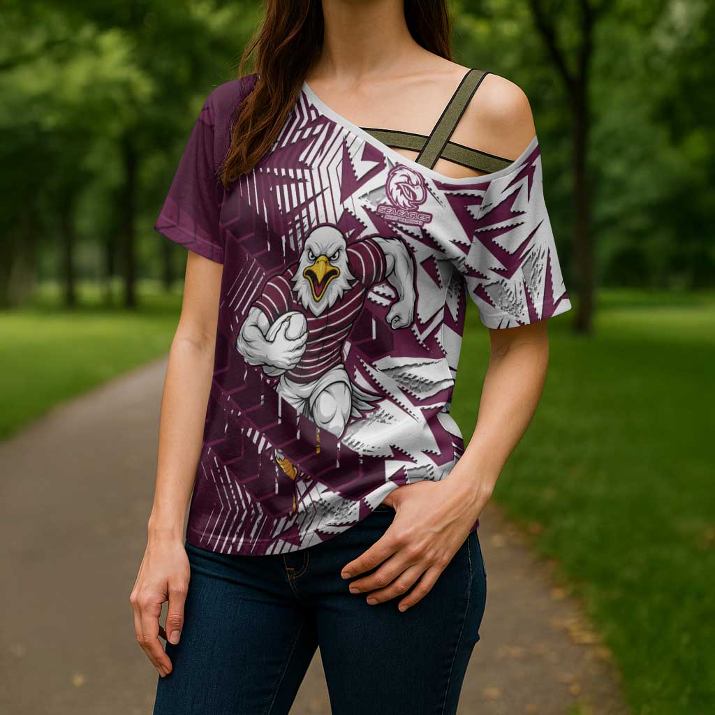 Manly Warringah Sea Eagles Rugby Cross Shoulder Shirt Fierce Mascot Geometric Tribal Art