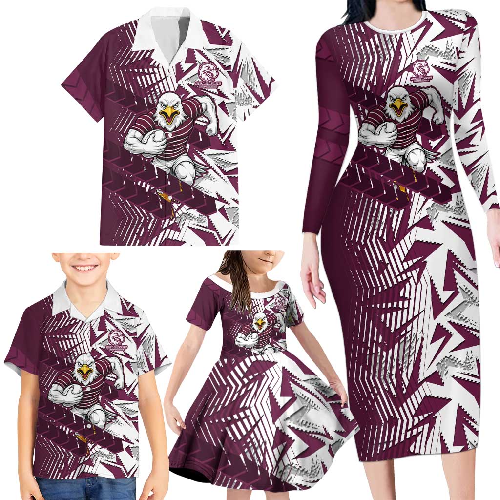Manly Warringah Sea Eagles Rugby Family Matching Long Sleeve Bodycon Dress and Hawaiian Shirt Fierce Mascot Geometric Tribal Art