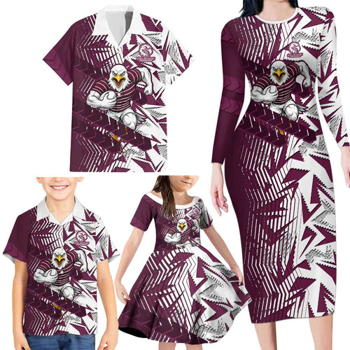 Manly Warringah Sea Eagles Rugby Family Matching Long Sleeve Bodycon Dress and Hawaiian Shirt Fierce Mascot Geometric Tribal Art
