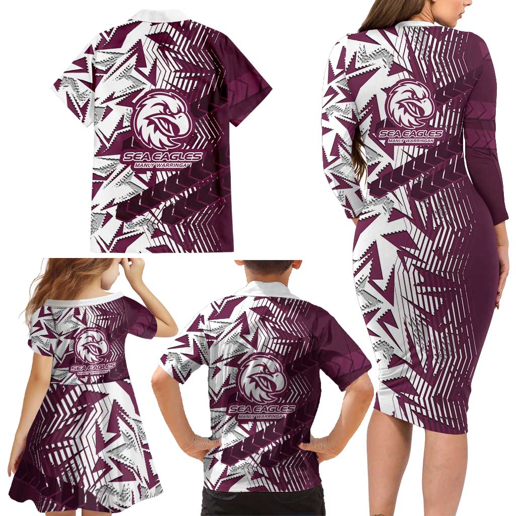 Manly Warringah Sea Eagles Rugby Family Matching Long Sleeve Bodycon Dress and Hawaiian Shirt Fierce Mascot Geometric Tribal Art